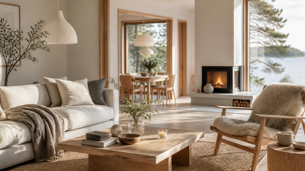 Lys og hyggeligt nordisk indrettet stue med minimalistisk design